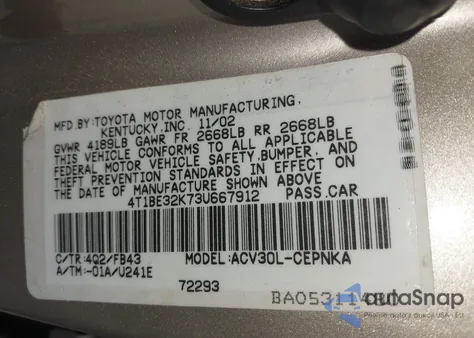 2003 Toyota Camry Le z USA, uszkodzony, nr VIN 4T1BE32K73U667912